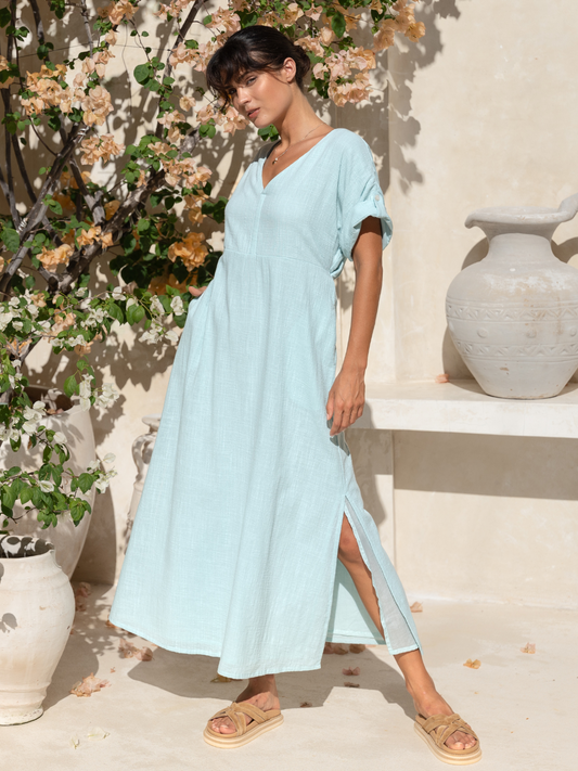 Catalina Cotton Maxi Dress for Women with Adjustable Waist Ties and Pockets - Flowy Long Dress in Seaglass 1