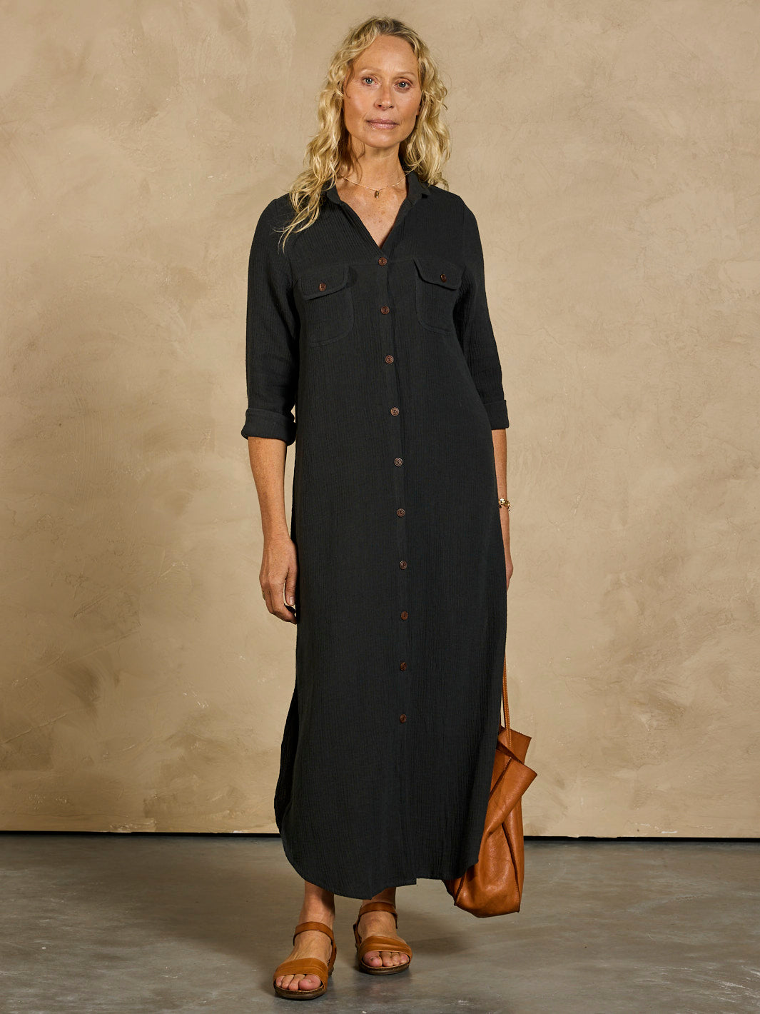 Charcoal Linen Shirt Dress for Women with Curved Hem and Functional Pockets – Stylish Maxi Dress with Long Sleeves and Side Splits 5