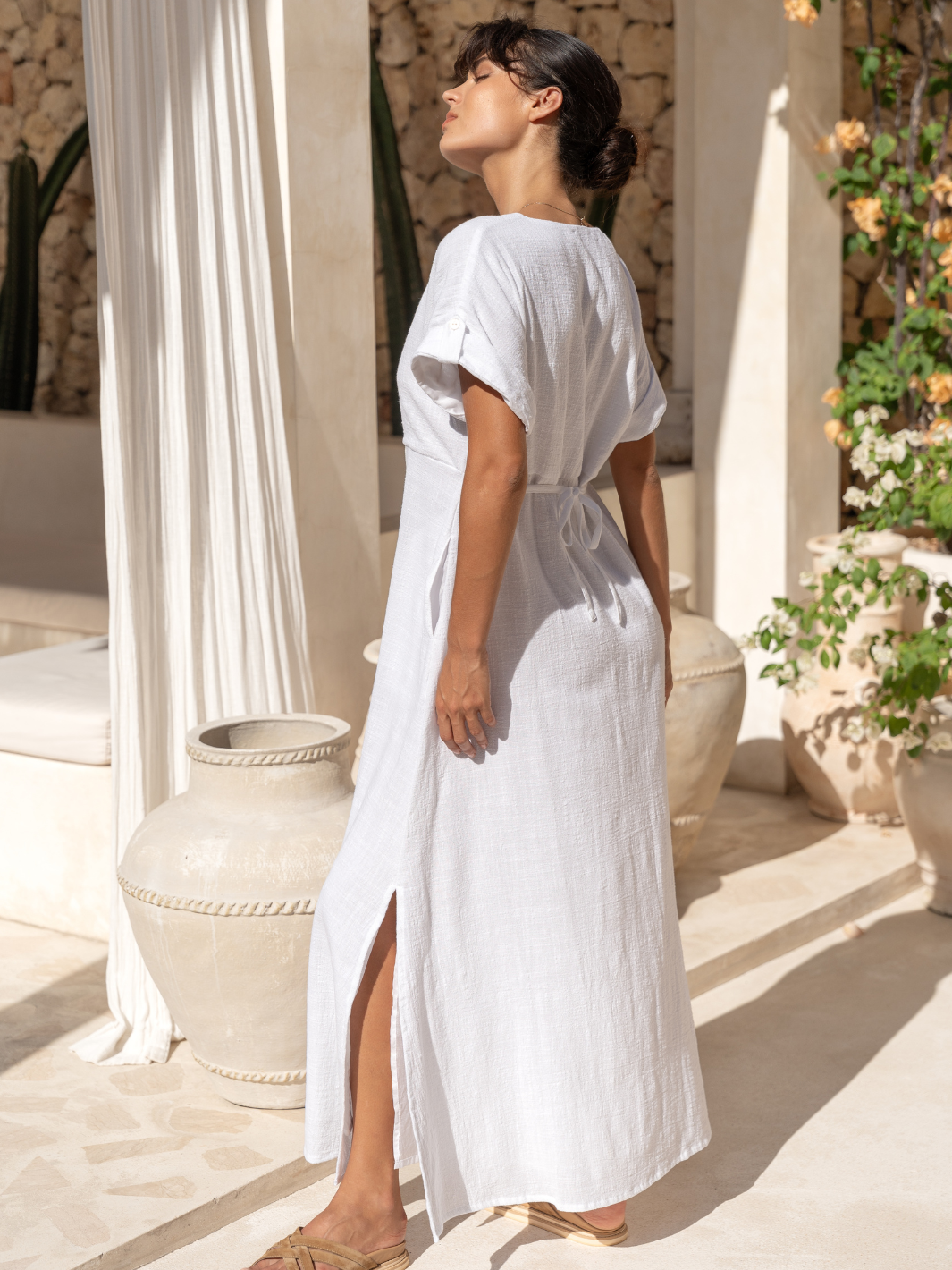 White Maxi Dress for Women with Adjustable Waist Ties, Pockets, and Short Sleeves - Elegant Cotton Long Dress 3