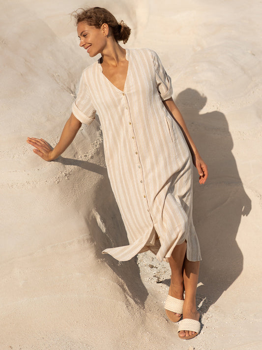 Women's Cotton Midi Dress - Breathable A-Line Summer Dress with Sand Stripe Design and Side Pockets 1