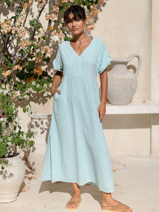 Catalina Cotton Maxi Dress for Women with Adjustable Waist Ties and Pockets - Flowy Long Dress in Seaglass 0