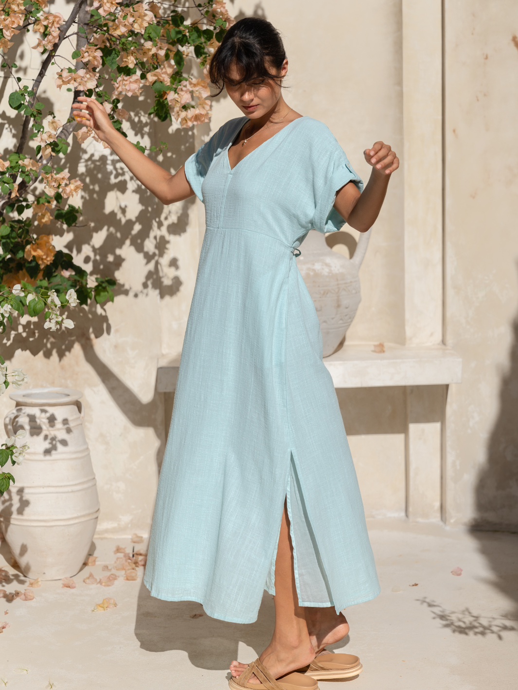 Catalina Cotton Maxi Dress for Women with Adjustable Waist Ties and Pockets - Flowy Long Dress in Seaglass 2