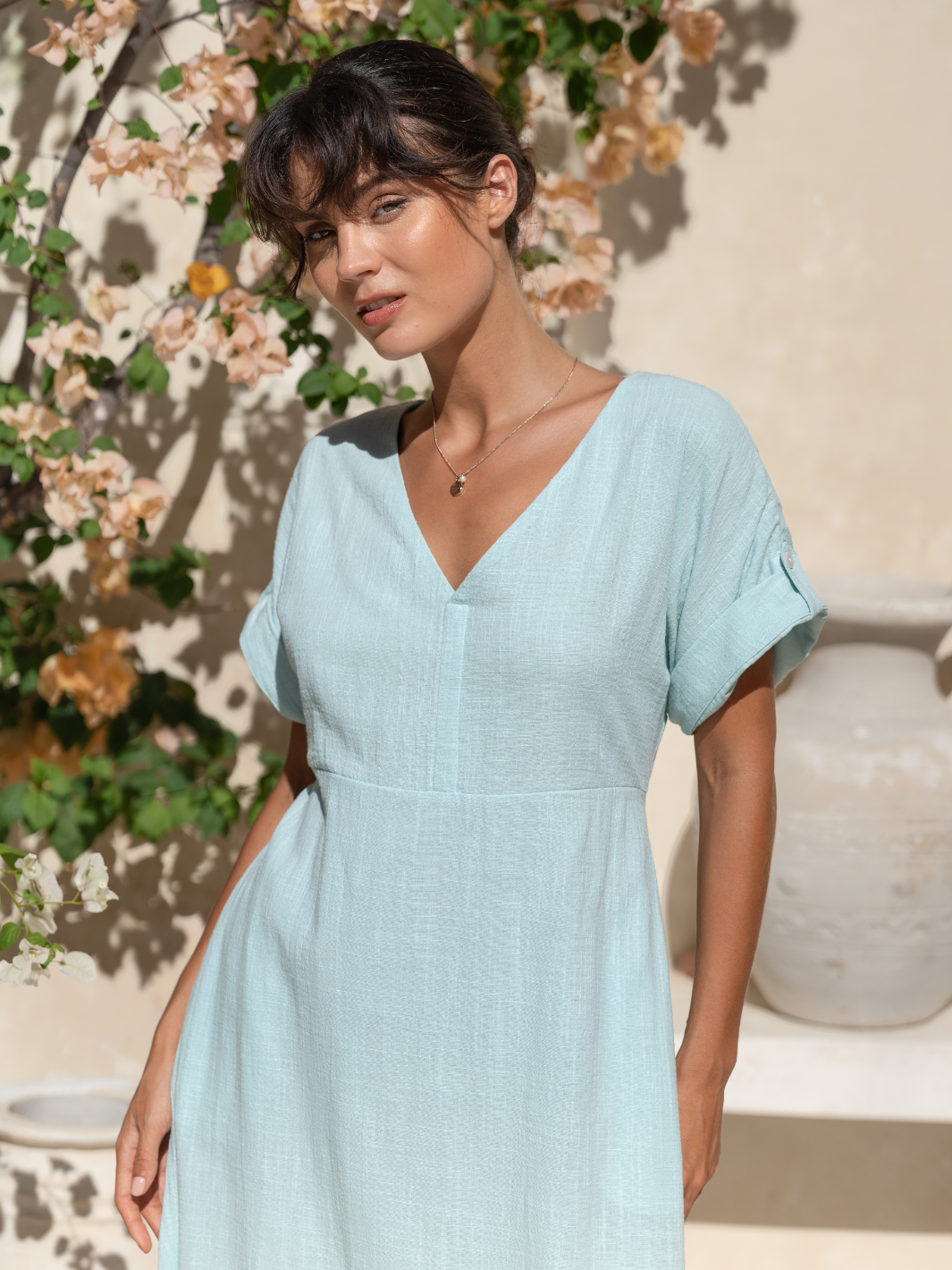 Catalina Cotton Maxi Dress for Women with Adjustable Waist Ties and Pockets - Flowy Long Dress in Seaglass 3