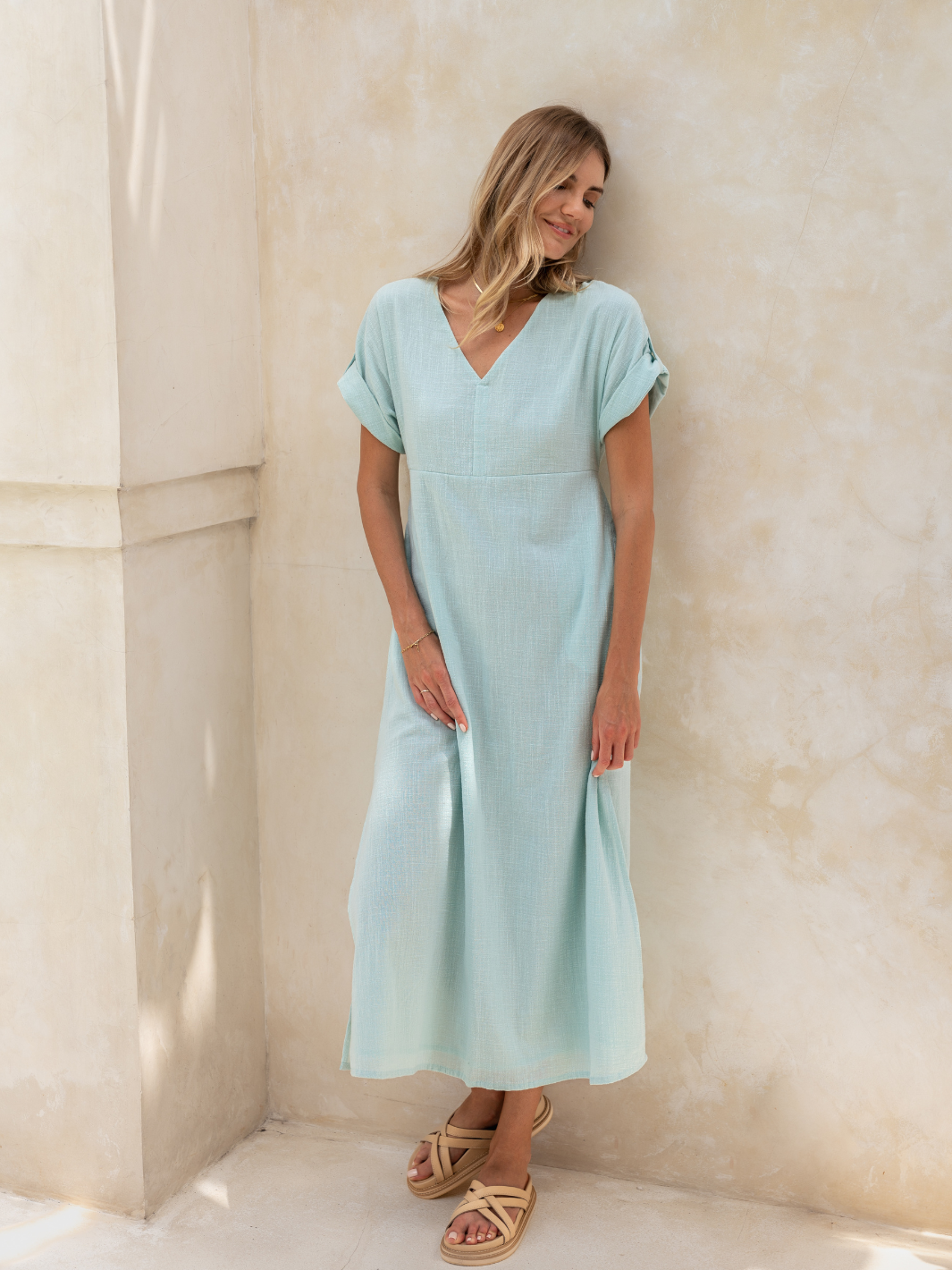 Catalina Cotton Maxi Dress for Women with Adjustable Waist Ties and Pockets - Flowy Long Dress in Seaglass 8