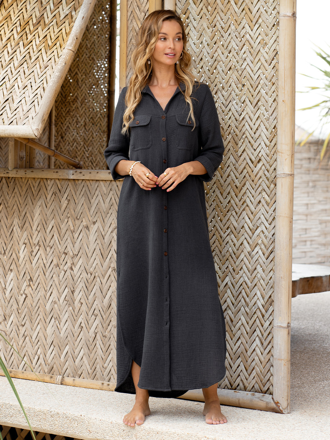 Charcoal Linen Shirt Dress for Women with Curved Hem and Functional Pockets – Stylish Maxi Dress with Long Sleeves and Side Splits 0