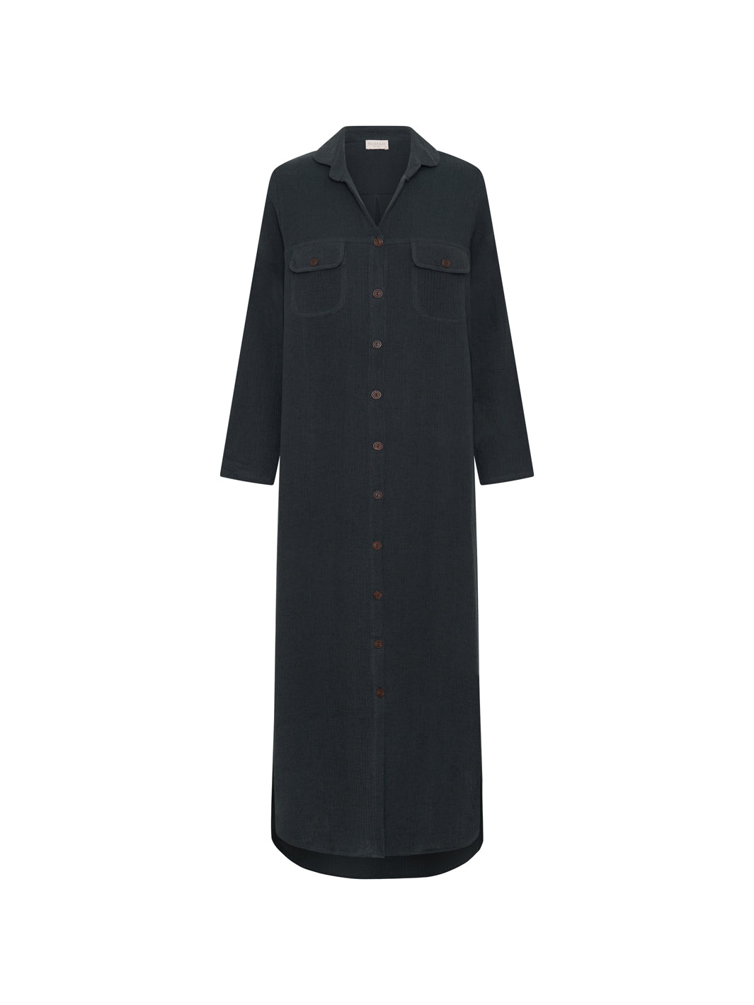 Charcoal Linen Shirt Dress for Women with Curved Hem and Functional Pockets – Stylish Maxi Dress with Long Sleeves and Side Splits 7