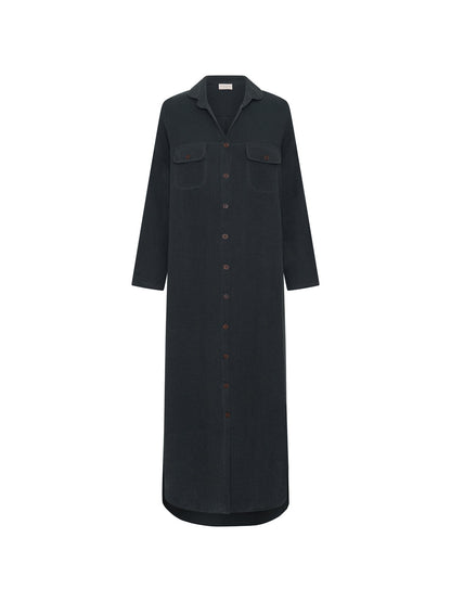 Charcoal Linen Shirt Dress for Women with Curved Hem and Functional Pockets – Stylish Maxi Dress with Long Sleeves and Side Splits 7