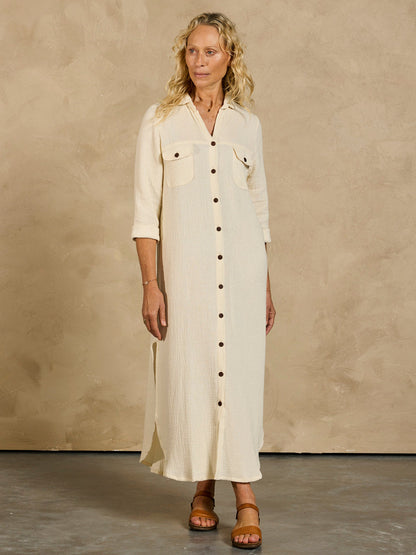 White Linen Blend Shirt Dress for Women with Curved Hem, Pockets, and Long Sleeves – Perfect Summer Dress 5