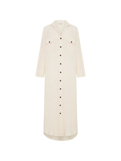 White Linen Blend Shirt Dress for Women with Curved Hem, Pockets, and Long Sleeves – Perfect Summer Dress 8
