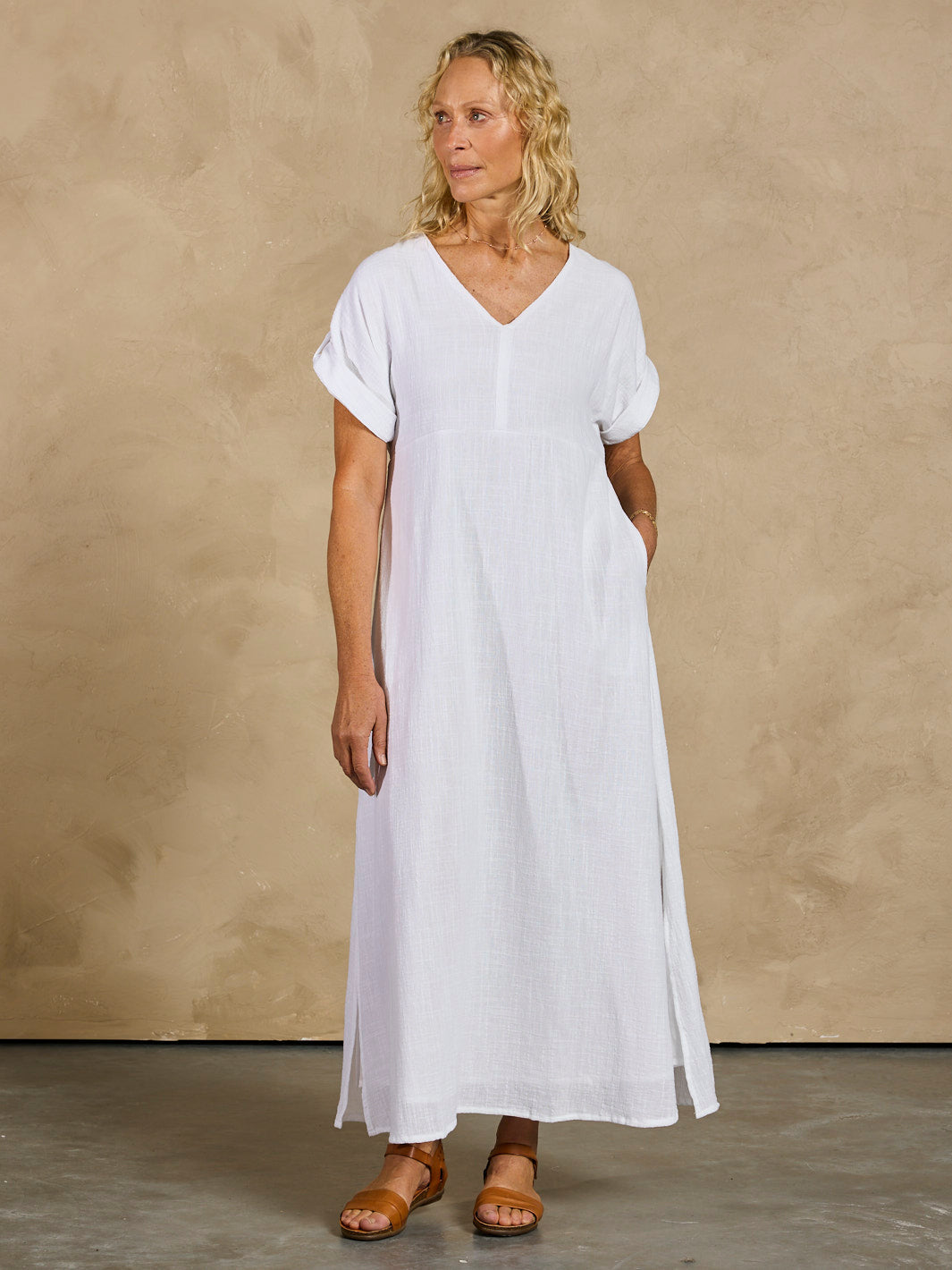 White Maxi Dress for Women with Adjustable Waist Ties, Pockets, and Short Sleeves - Elegant Cotton Long Dress 6