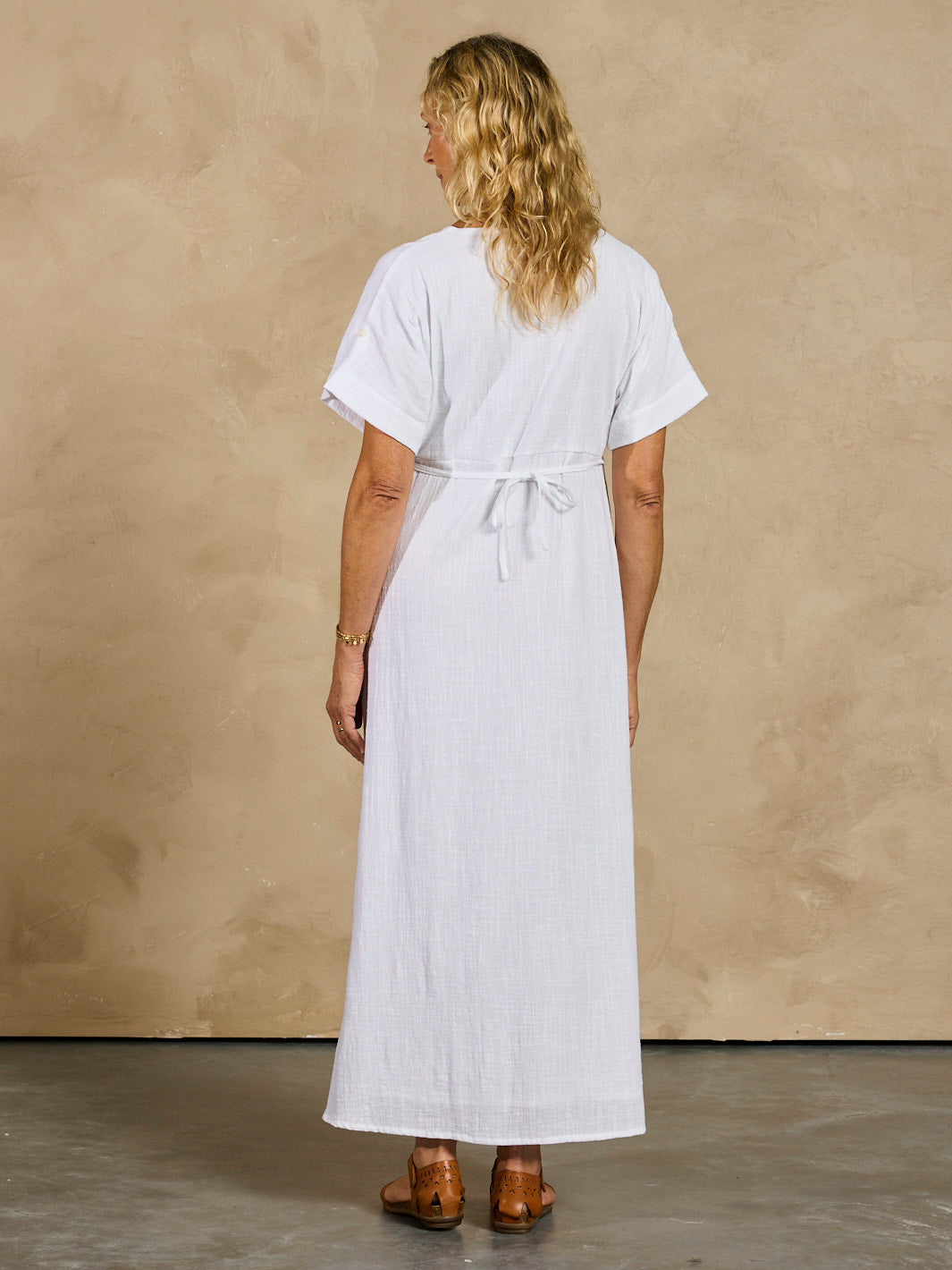 White Maxi Dress for Women with Adjustable Waist Ties, Pockets, and Short Sleeves - Elegant Cotton Long Dress 7