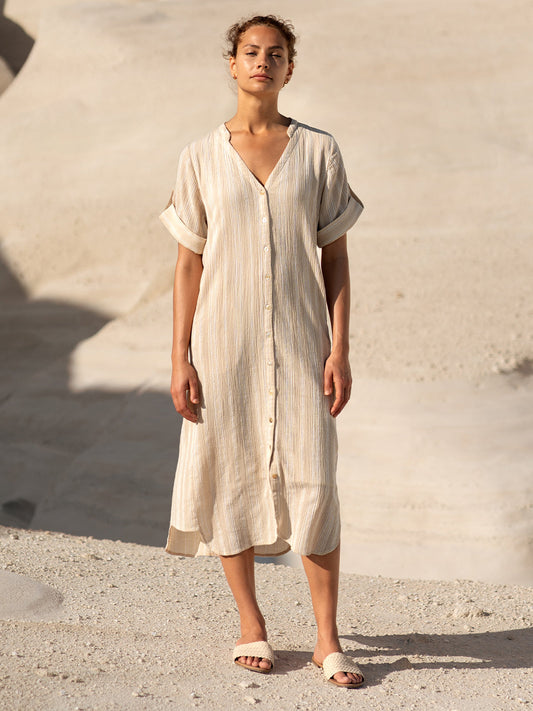 Women's Cotton Midi Dress - Breathable A-Line Summer Dress with Sand Stripe Design and Side Pockets 0
