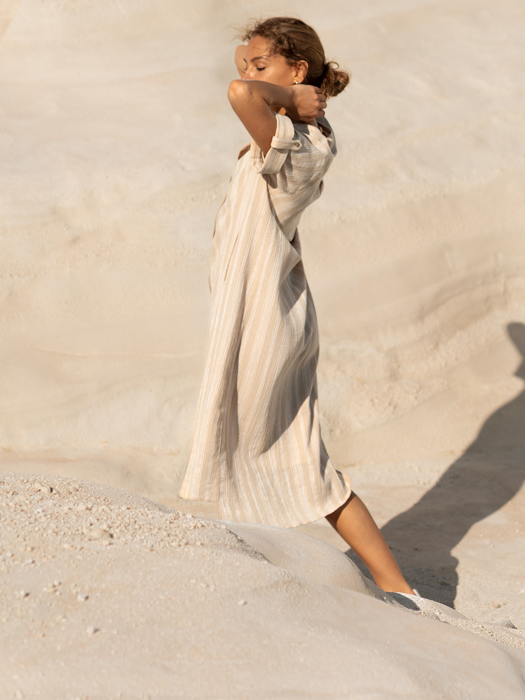 Women's Cotton Midi Dress - Breathable A-Line Summer Dress with Sand Stripe Design and Side Pockets 2