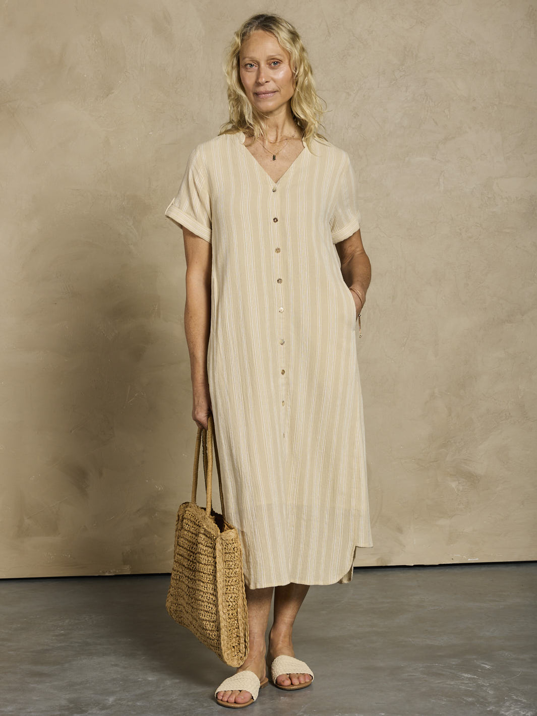 Women's Cotton Midi Dress - Breathable A-Line Summer Dress with Sand Stripe Design and Side Pockets 3