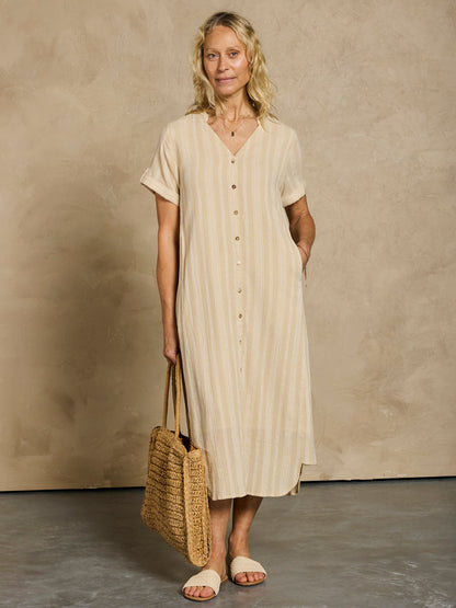 Women's Cotton Midi Dress - Breathable A-Line Summer Dress with Sand Stripe Design and Side Pockets 3