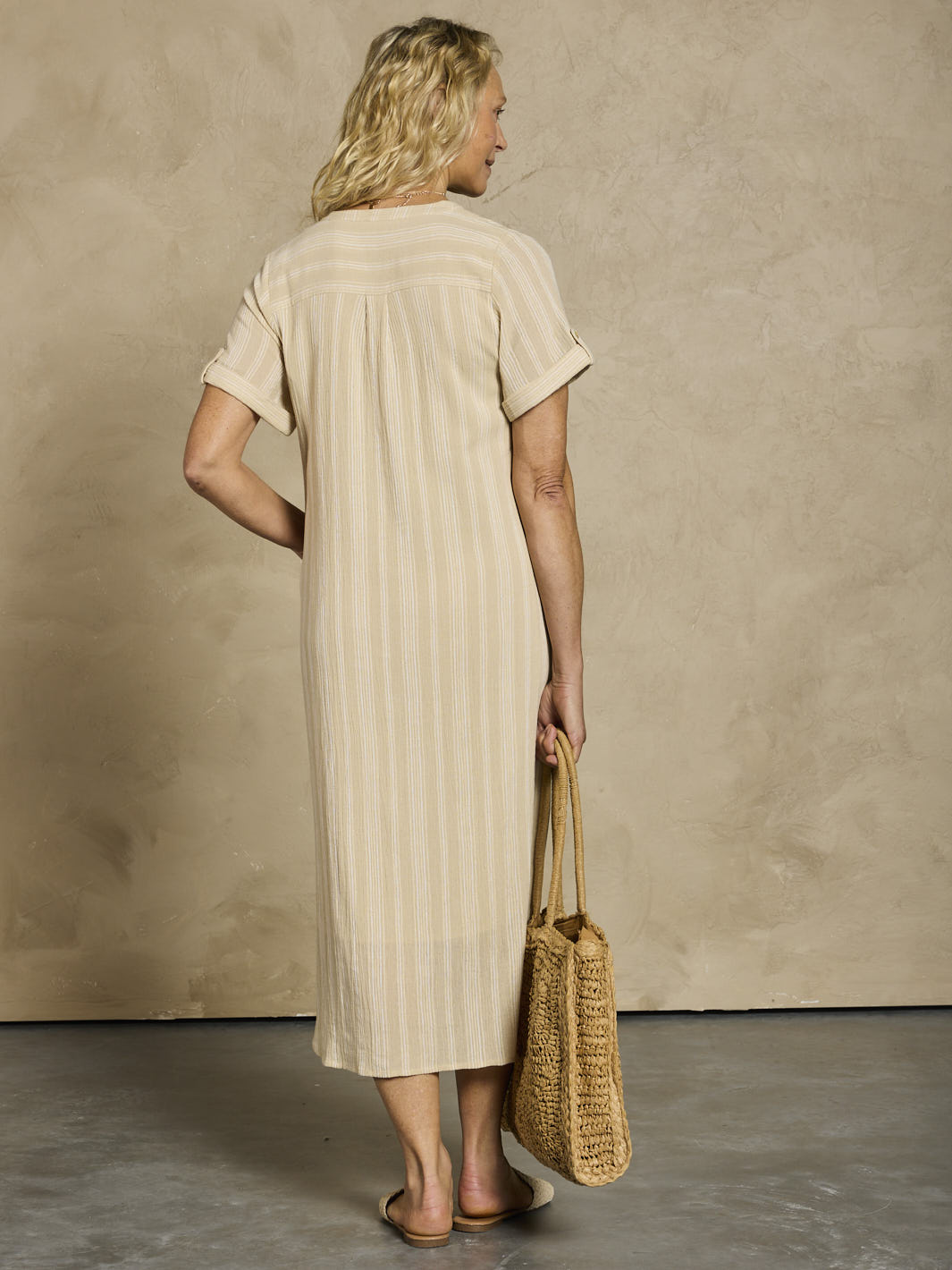 Women's Cotton Midi Dress - Breathable A-Line Summer Dress with Sand Stripe Design and Side Pockets 4