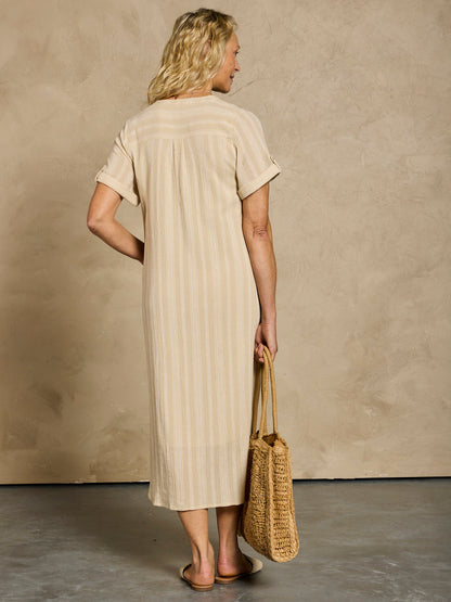 Women's Cotton Midi Dress - Breathable A-Line Summer Dress with Sand Stripe Design and Side Pockets 4